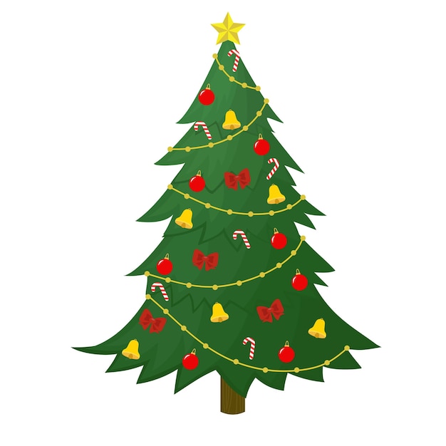 Kerstboom met decoratie geïsoleerd op een witte achtergrond. Vector illustratie.