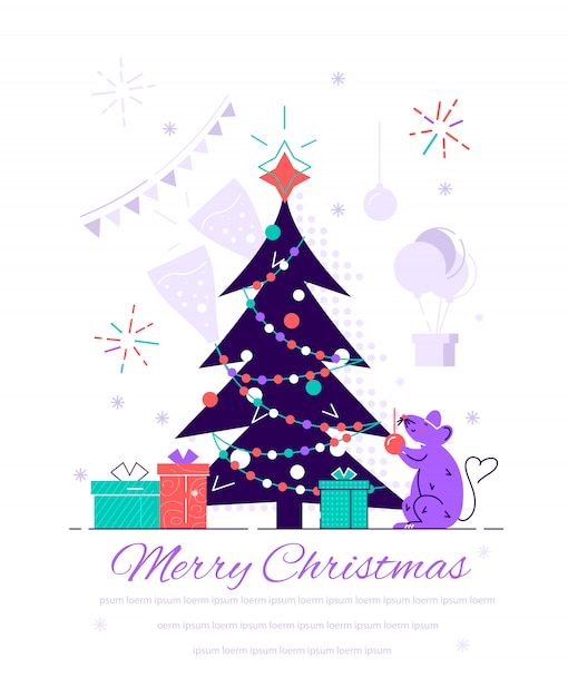 Kerstboom met decoraties en geschenkdozen. Vakantie achtergrond. Vrolijk kerstfeest en een gelukkig nieuwjaar. Vlakke stijl modern ontwerp illustratie voor webpagina, kaarten, poster, sociale media.