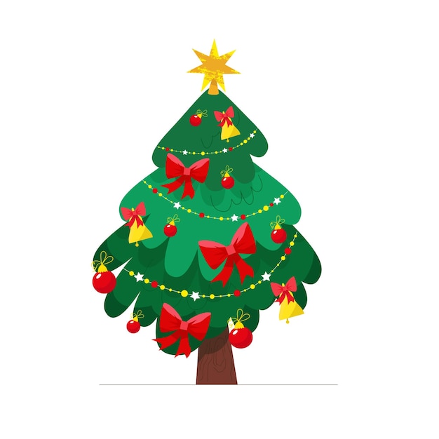 Kerstboom met geschenkdozen Decoratie ballen boog en gloeilamp ketting versierde kerstboom Gelukkig Nieuwjaar Wintervakantie