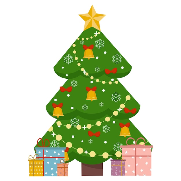 Kerstboom met geschenken, versierd met decoratieve elementen. Vectorillustratie voor de nieuwjaarsvakantie. Cartoon-stijl.