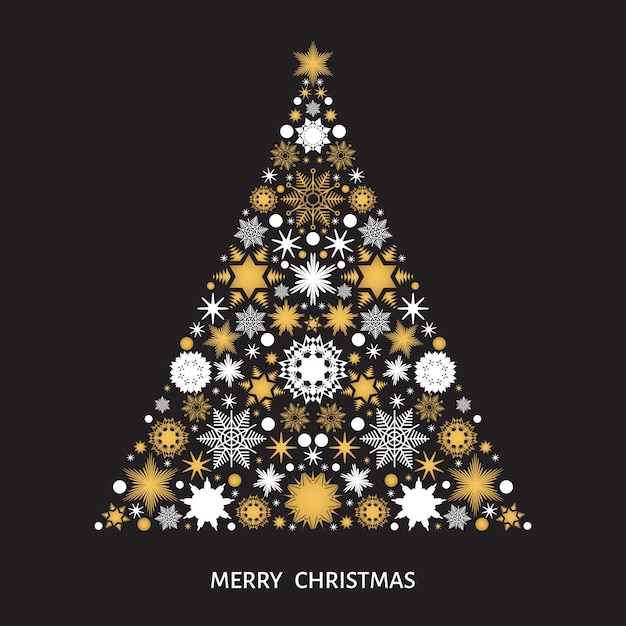 Kerstboom met gouden en witte sneeuwvlokken, xmas elementen en decoraties op zwarte achtergrond. vectorillustratie voor wenskaart, poster of uitnodiging.