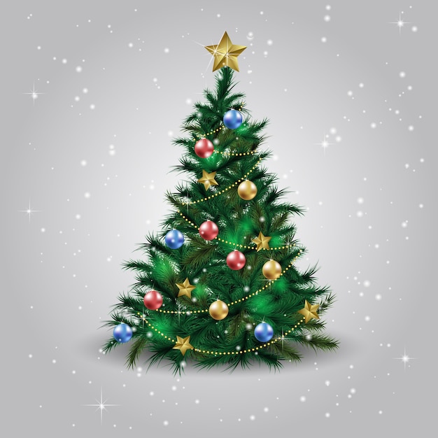 Kerstboom met kerstster, ballen en lichten. Groene spar of den