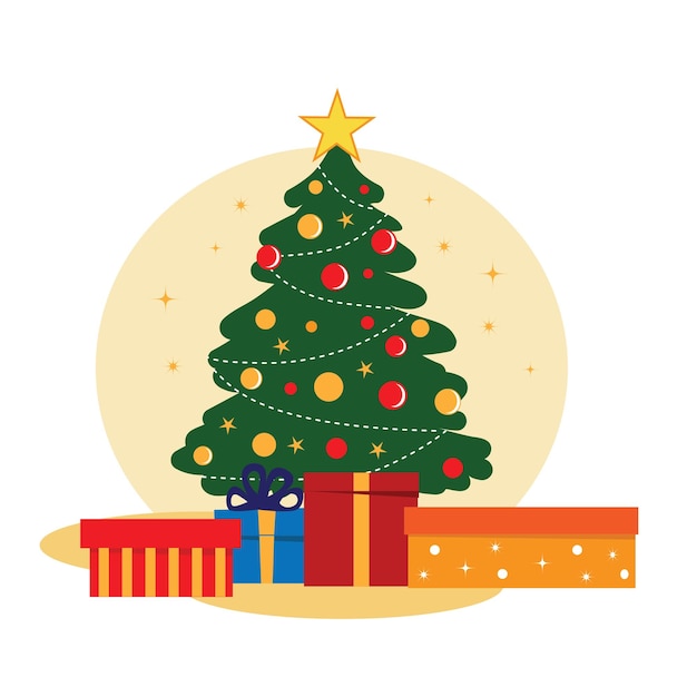 Kerstboom met versieringen en geschenken. Kerstmis en Nieuwjaar ontwerpconcept. Cartoonstijl illu