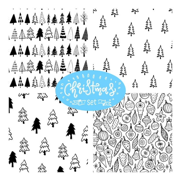 Kerstboom naadloos patroon. hand getrokken doodle bos achtergrond. retro vakantie inpakpapier. vector zwart-wit patroon. abstracte vintage print voor stof, verpakking.