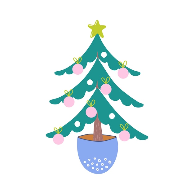 Kerstboom pictogram. Spar versierd met ster en ballen, hergebruik concept. Wintervakantie-element