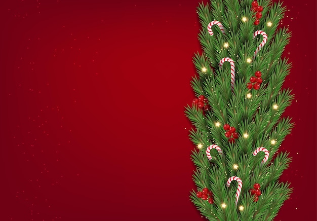 Vector kerstboom realistische groene dennen takken vrolijke kerst rood vaandel gelukkig nieuwjaar achtergrond