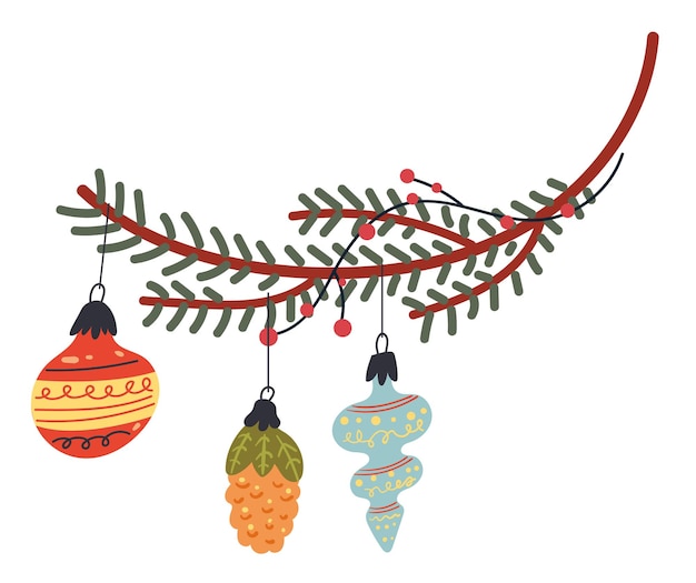 Vector kerstboom tak decoratie met speelgoed ornament concept grafisch ontwerp illustratie