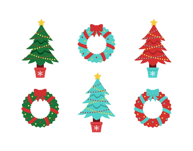 Kerstboom vector collectie Versierde sparren en kransen voor wintervakanties