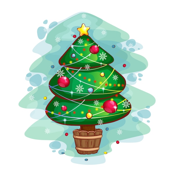 Kerstboom versierd met ballen en guirlandes.