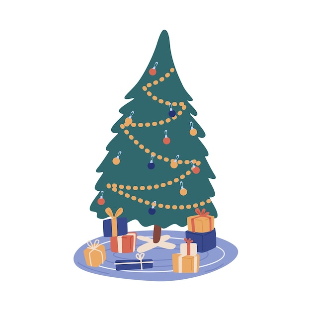 Kerstboom versierd met feestelijke kerstballen en slinger. Kleurrijke verpakte nieuwjaarsgeschenken die onder de kerstspar liggen. Platte vector cartoon illustratie van feestelijke pine geïsoleerd op wit.