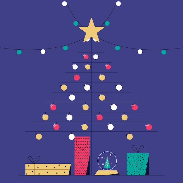 Kerstboom versierd met lichtballen, ster en geschenkenKerstversiering nieuwjaarsvakantie