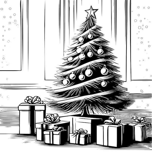 Kerstboomschets met ster en versierde geschenkdozen handgetekende illustraties vector