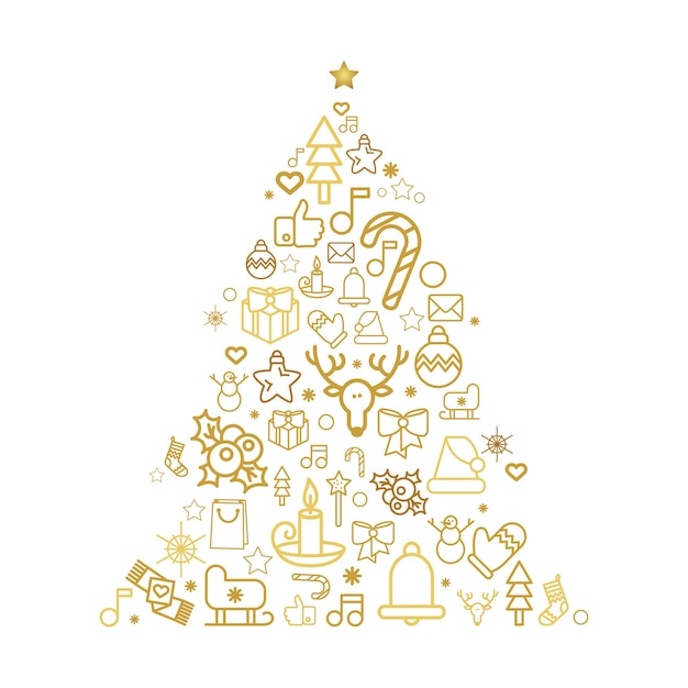 Kerstboomsilhouet met vakantie lineaire pictogrammen. wenskaart dennenboom met feestelijke decoraties