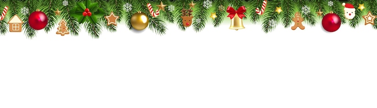 Vector kerstborder met dennenboom en kerstspeelgoed op witte achtergrond