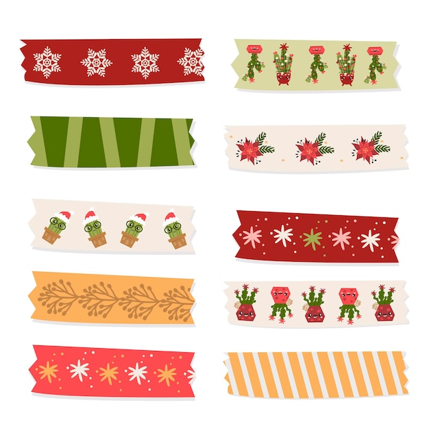 Vector kerstcactussen washi tapes collectie. vector geïsoleerde illustratie voor notities, planner en scrapbooking