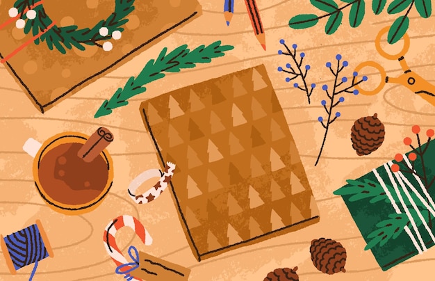 Kerstcadeaudoos in kraftpapierverpakking met doe-het-zelfdecoraties op houten tafel. Voorbereiden, kerstcadeau maken met natuurlijke takken, bloemendecor, kegels en cacaobeker. Platte vectorillustratie