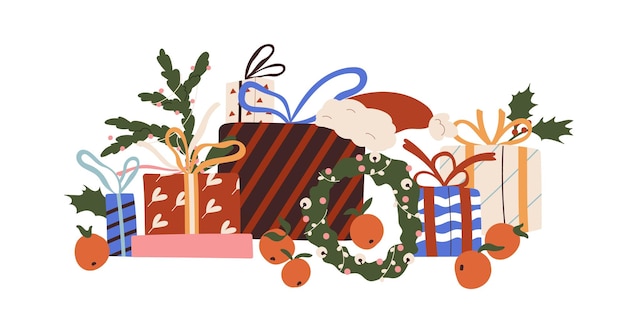 Kerstcadeaudozen met linten, strikken in papieren verpakking. Kerstvakantiecadeautjes, verrassingspakketten, decoraties, krans, nieuwjaarsspullen. Gekleurde platte vectorillustratie geïsoleerd op een witte achtergrond