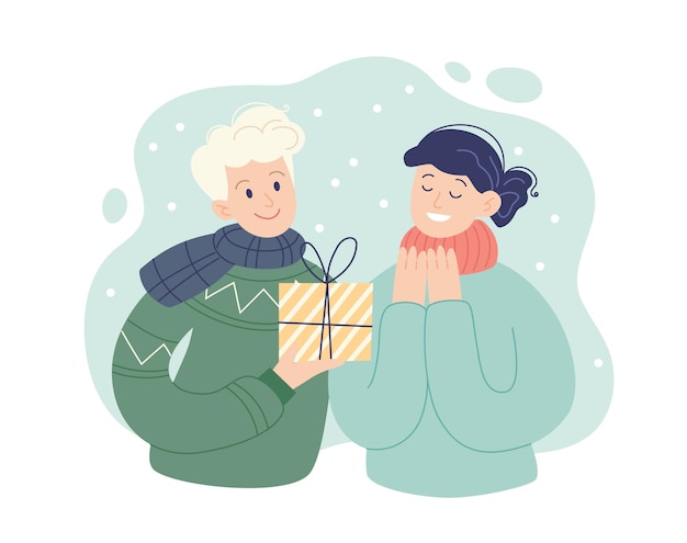 Vector kerstcadeautje concept man die een cadeautje geeft aan een vrouw vector illustratie eenvoudige stijl