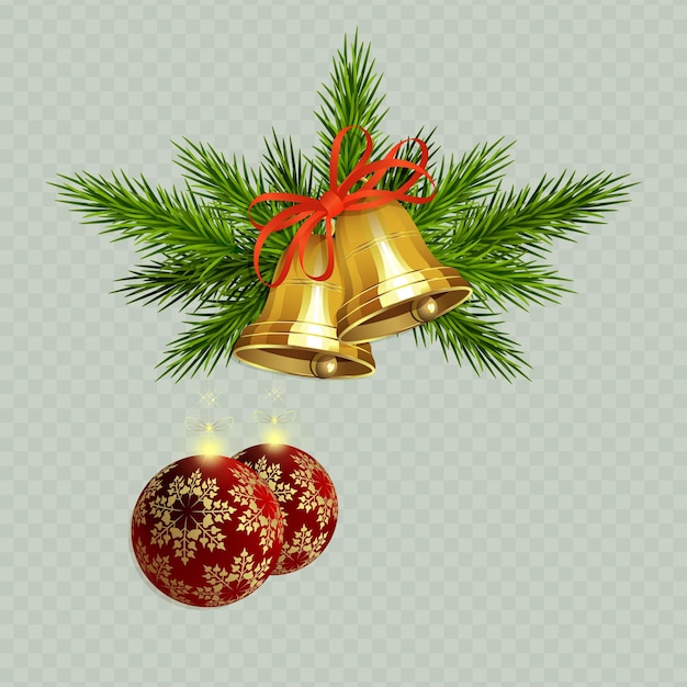 Kerstcompositie met gouden bellen met sparren twijgen van rood lint en twee rode ballen