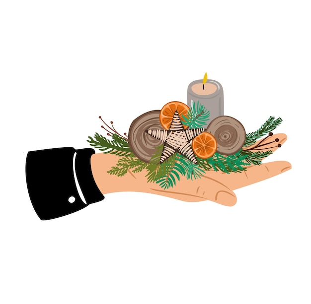 Vector kerstcompositie met takken sinaasappels kaars op een hand hand met een kersthuisdecor