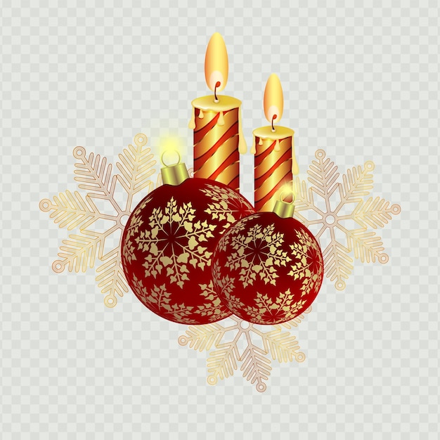 Kerstcompositie van kaarsen en kerstballen met sneeuwvlokken