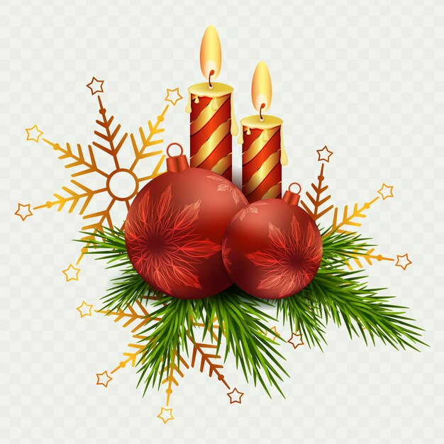 Vector kerstcompositie van twee kaarsen en kerstballen, sneeuwvlokken en twijgen van de kerstboom