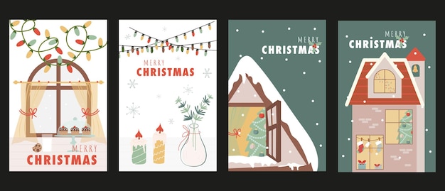 Kerstdag cover brochure set in trendy flat design Poster sjablonen met gezellige venster met kransen kaarsen en decor huizen met feestelijke dennenboom met speelgoed en geschenken Vector illustratie