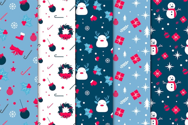 Vector kerstdecoratiepatroonbundel met blauwe en witte achtergronden leuke kerstpatrooncollectie voor inpakpapier en boekomslagen kerst minimale patroonvector met decoratieballen en geschenken