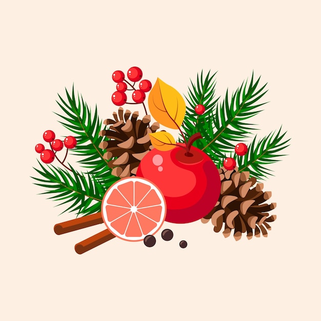 Kerstdesign met spar, grapefruit, bessen en kaneel. Winter vectorillustratie