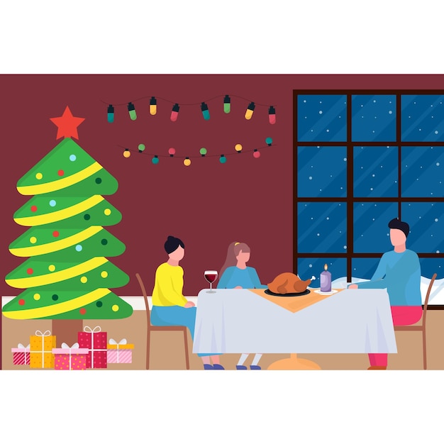 Vector kerstdiner met het gezin thuis illustratie