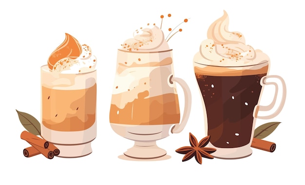 Kerstdrankje met warme melk marshmallow winterkruiden Geïsoleerd op witte achtergrond Cartoon vectorillustratie