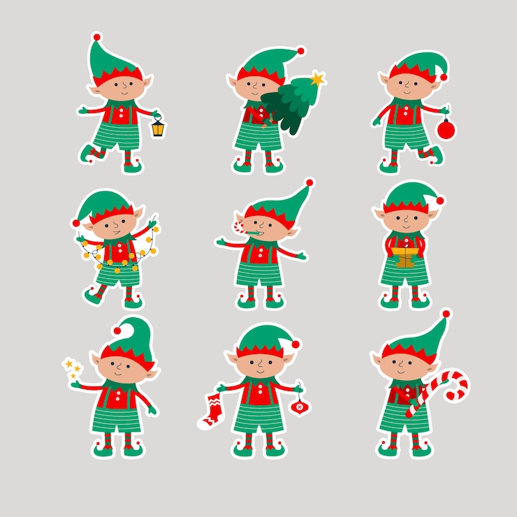 Vector kerstelfen met cadeau, boom, bal, lantaarn, sterren, slingers geïsoleerd op een grijze achtergrond. platte stickers met helpers van de kerstman.