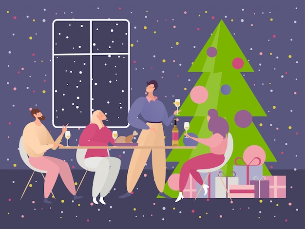 Kerstfeest illustratie, cartoon gelukkige platte vrienden mensen zitten aan tafel voor een feestelijk diner op kerstviering