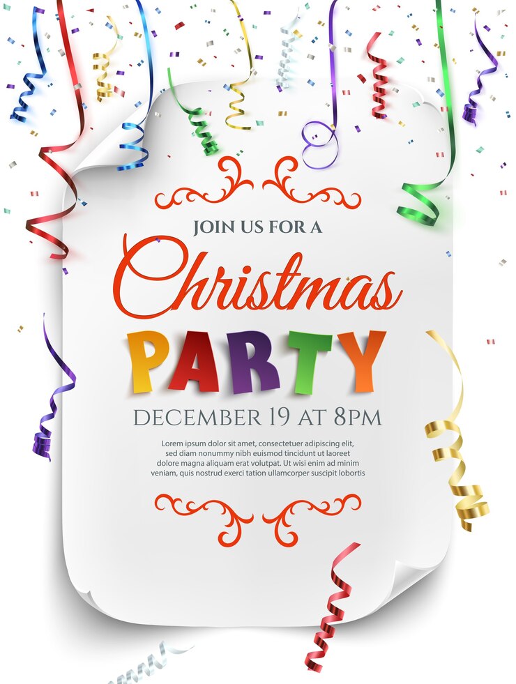 Vector kerstfeest poster sjabloon met confetti en kleurrijke linten geïsoleerd op een witte achtergrond.