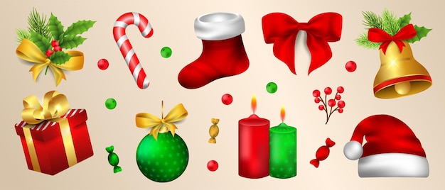 Kerstfeesten elementen set realistische kerst icoon set vector illustratie