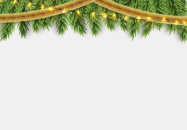 Kerstgrens met dennentakken, slingers van lichtslingers en gouden klatergoud. Kerstmis en Nieuwjaar achtergrond. Xmas vakantie vectorillustratie