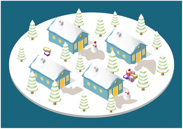 Kersthuis, boom, sneeuwpop en geschenkdozen