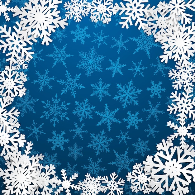 Kerstillustratie met cirkelframe van witte sneeuwvlokken op lichtblauwe achtergrond
