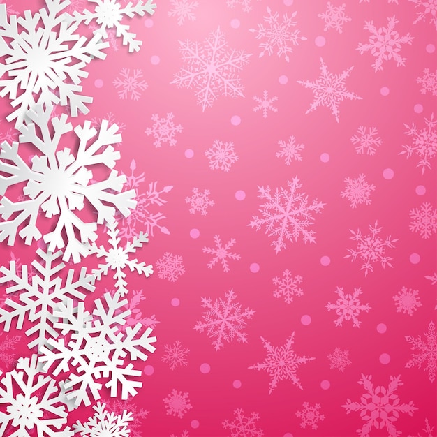Kerstillustratie met grote witte sneeuwvlokken met schaduwen op roze achtergrond