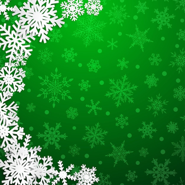 Kerstillustratie met halve cirkel van grote witte sneeuwvlokken met schaduwen op groene achtergrond