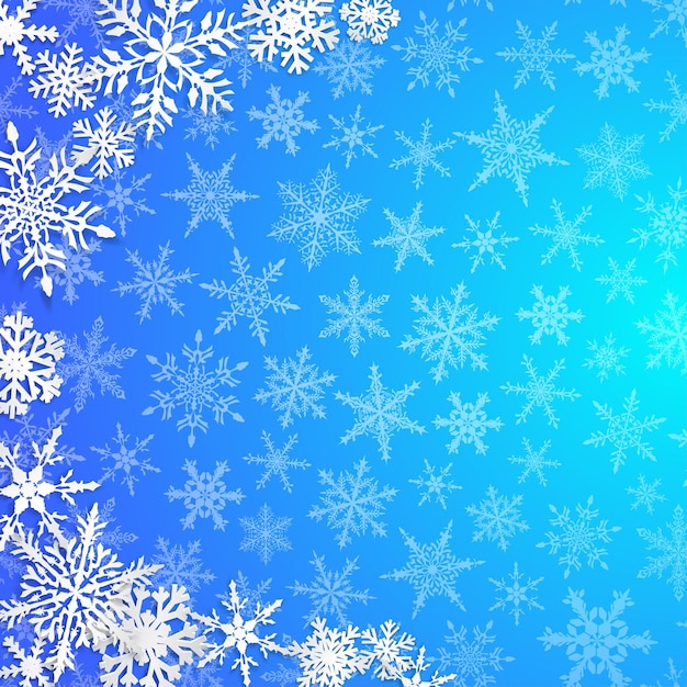 Kerstillustratie met halve cirkel van grote witte sneeuwvlokken met schaduwen op lichtblauwe achtergrond