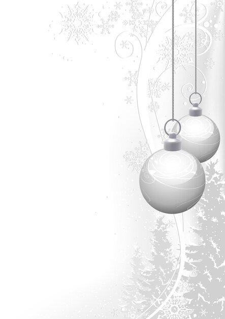 Kerstillustratie met hangende kerstballen boven besneeuwde naaldbomen