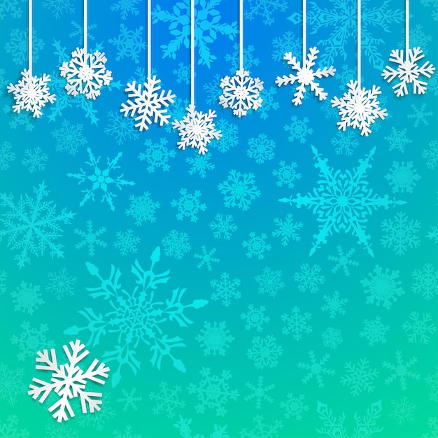 Kerstillustratie met witte hangende sneeuwvlokken op lichtblauwe achtergrond