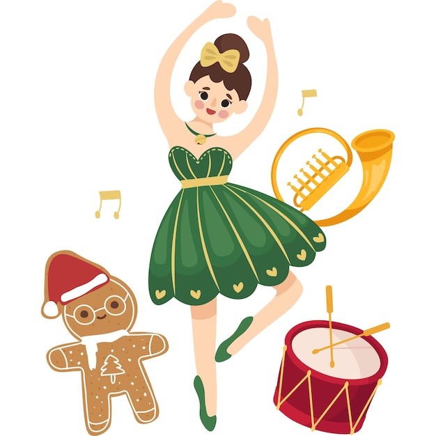 Kerstillustratie van Gingerbread Man en balletdanser uit The Nutcracker