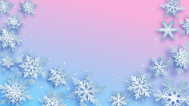 Kerstillustratie van witte complexe papieren sneeuwvlokken met zachte schaduwen op lichtblauwe en roze achtergrond