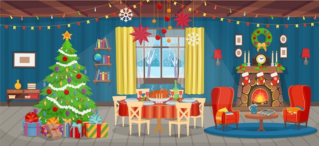 Kerstinterieur met open haard, kerstboom, raam, fauteuils, boekenplank, bureau en vakantietafel met eten.