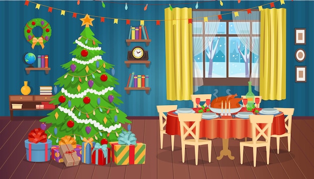 Kerstinterieur met open haard kerstboomraam en fauteuils vectorillustratie