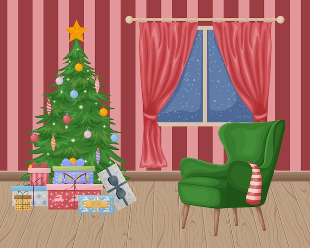 Kerstinterieur vectorillustratie van een nieuwjaarsinterieur een kerstboom met geschenken bij het raam en een groene fauteuil een stoel in het midden van een kamer met een besneeuwd raam