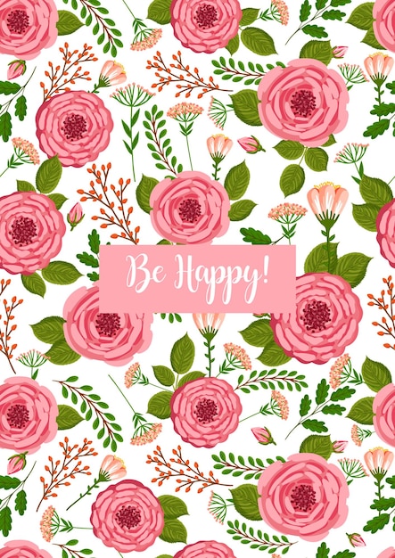 Kerstkaart Be Happy Naadloze patroon met bloeiende rozen Vector bloemen illustratie