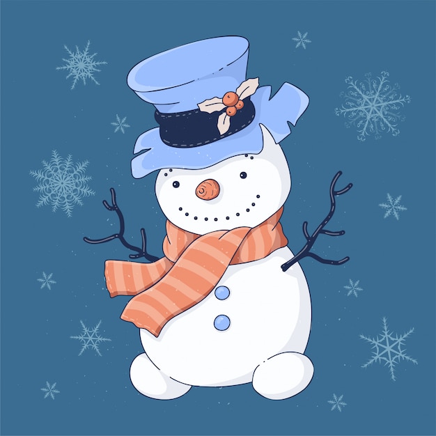 Kerstkaart cute cartoon sneeuwpop in hoge hoed en sjaal